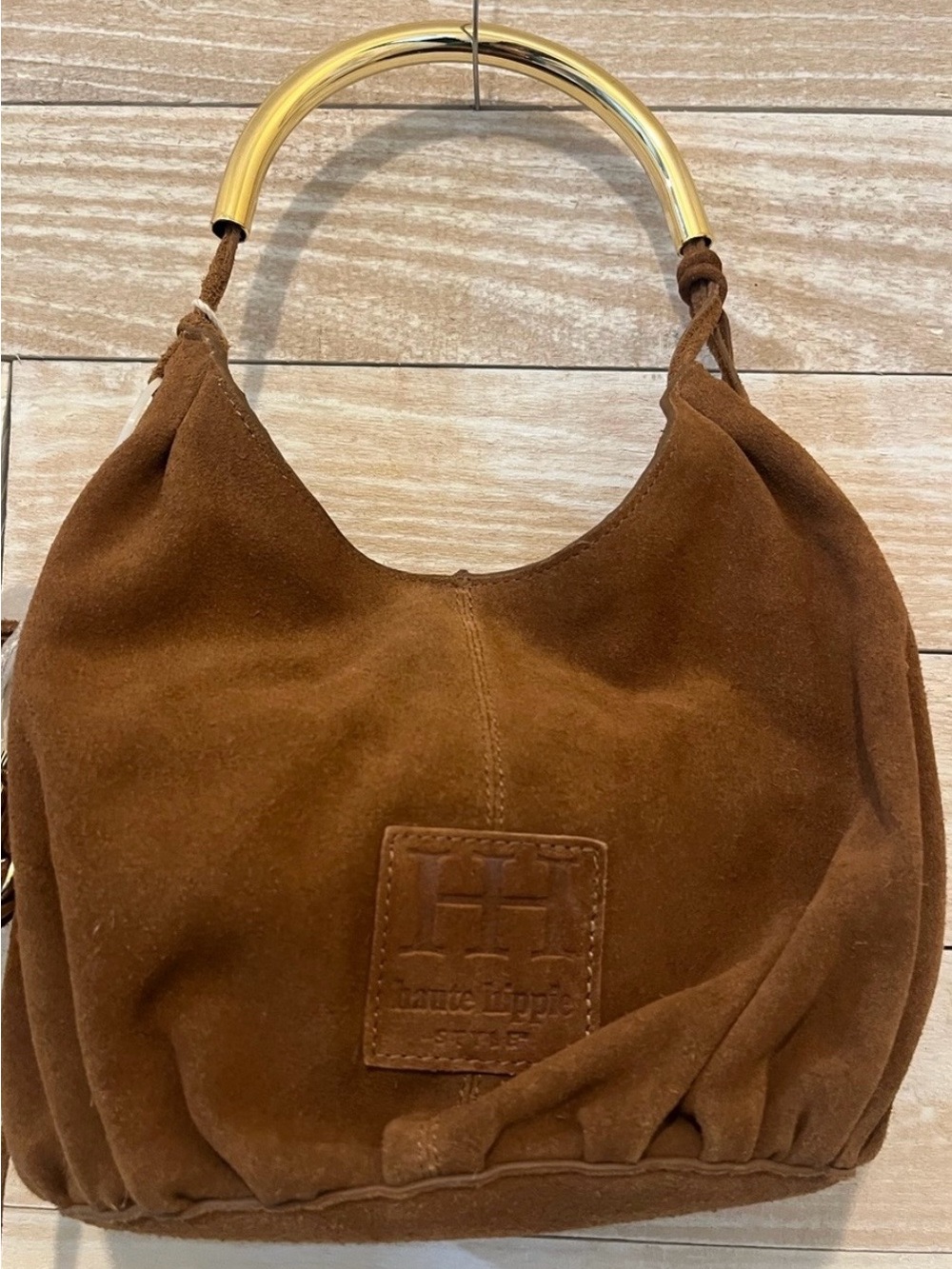 Haute Hippie Brown Suede Shoulder Bag with Gold Handle - Picture 9 of 11